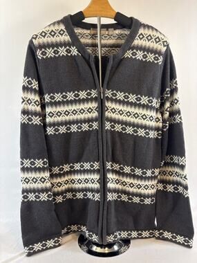 Fair Isle Zip-Up Cardigan Sweater Dark‎ Gray Cream XL